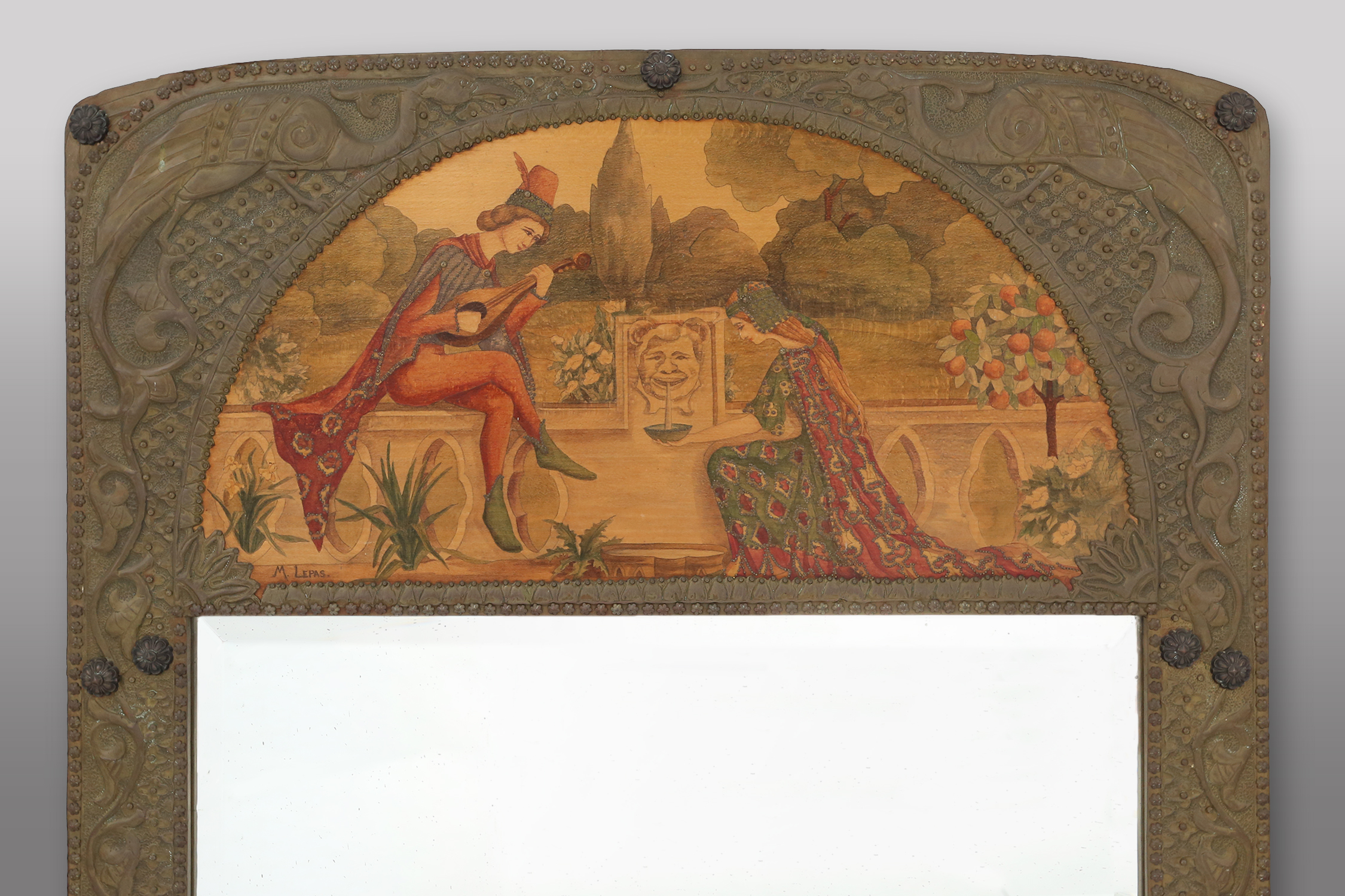 Art Nouveau triptych with mirror and 2 panels in painted wood marquetry, France ca. 1910thumbnail